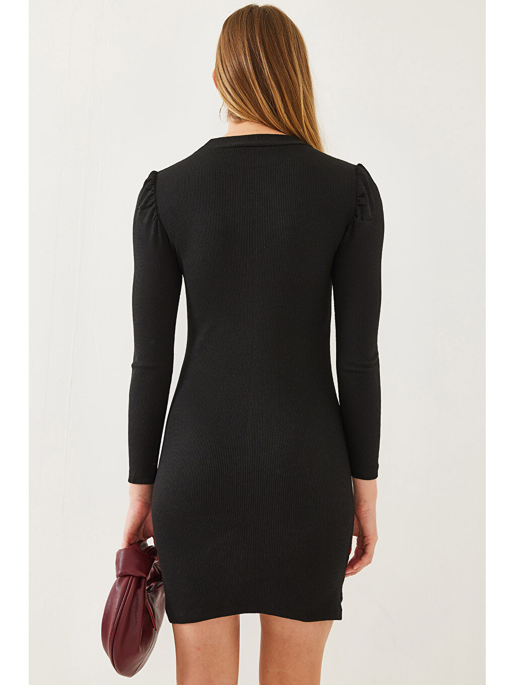 Siyah Kadın Prenses Kol Fitilli Basic Elbise-4