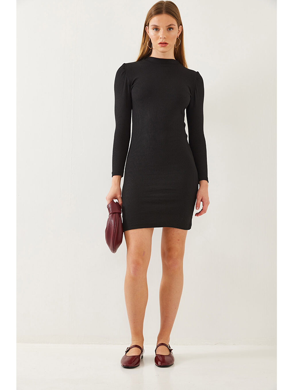 Siyah Kadın Prenses Kol Fitilli Basic Elbise-5