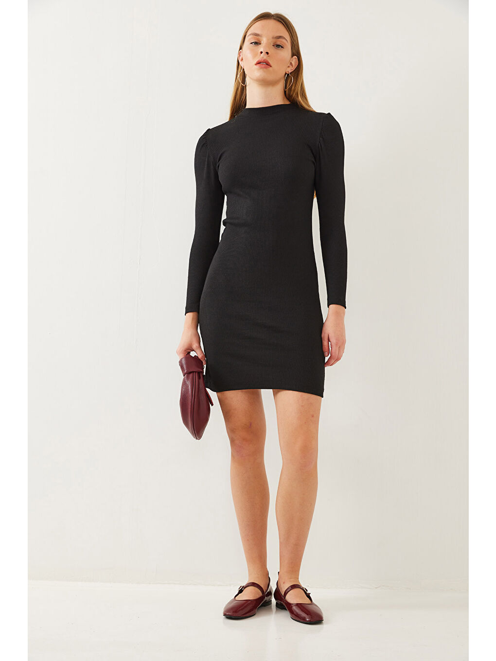 Siyah Kadın Prenses Kol Fitilli Basic Elbise-6