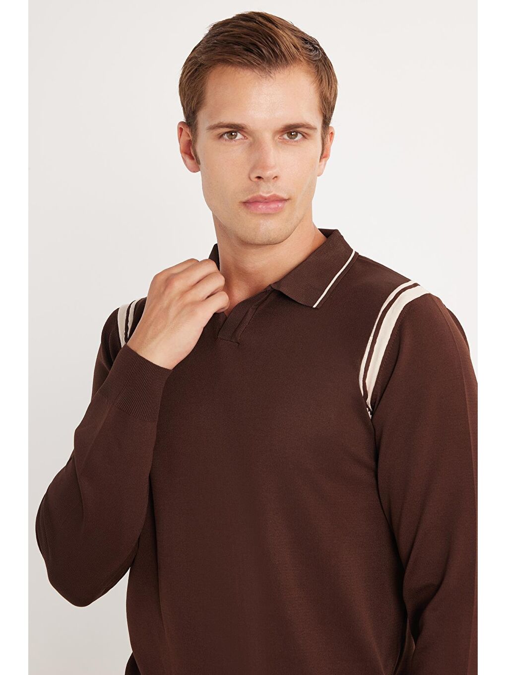 Erkek Slim Fit Dar Kesim Uzun Kol Polo Yaka Çizgili Kahverengi Kazak-1