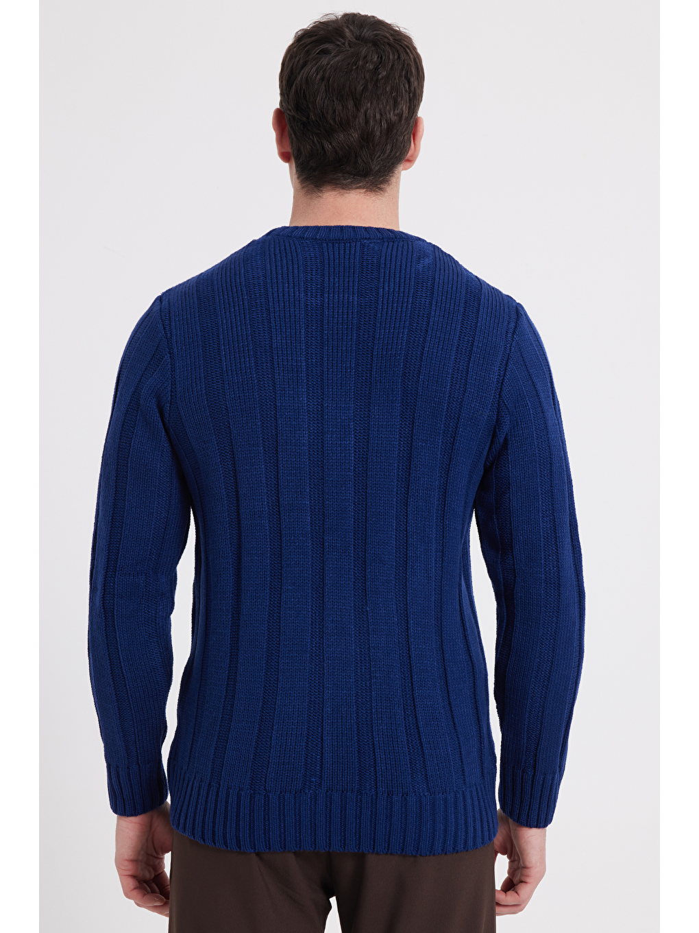 Erkek Standart Fit Normal Kesim Bisiklet Yaka Desenli Saks Mavi Kazak-5