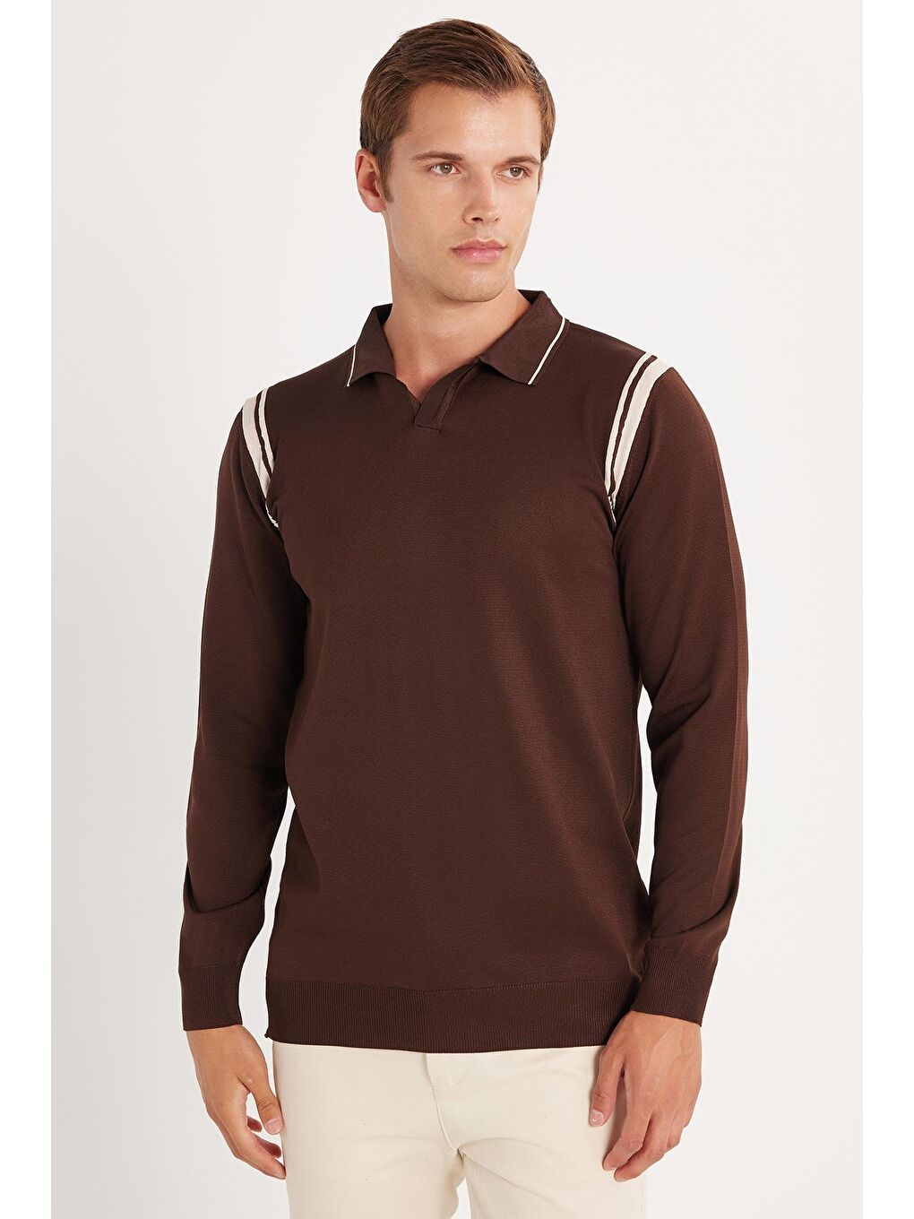 Erkek Slim Fit Dar Kesim Uzun Kol Polo Yaka Çizgili Kahverengi Kazak-3
