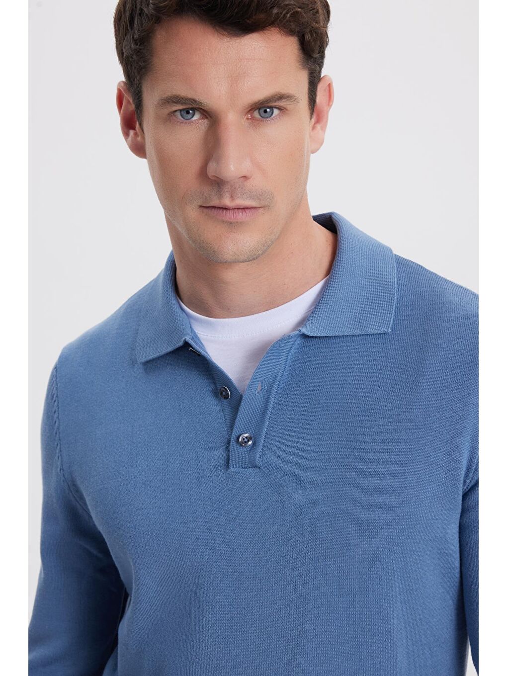 Erkek Standart Fit Normal Kesim Pamuklu Polo Yaka İndigo Kazak-1