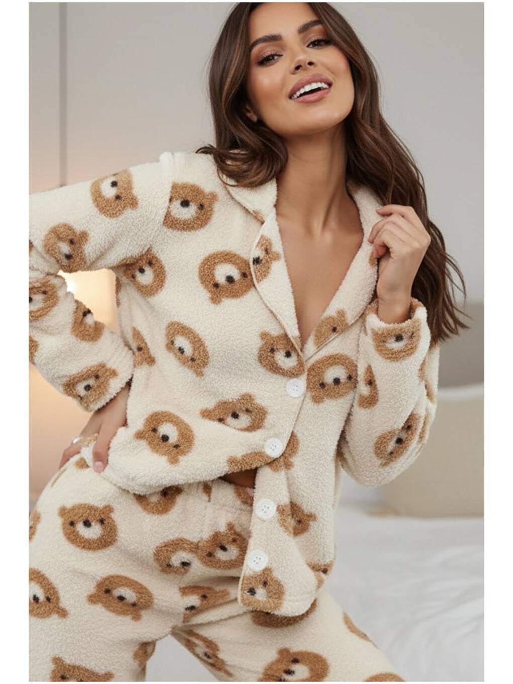 Ekru Düğmeli Wellsoft Pijama Takım 7922-1