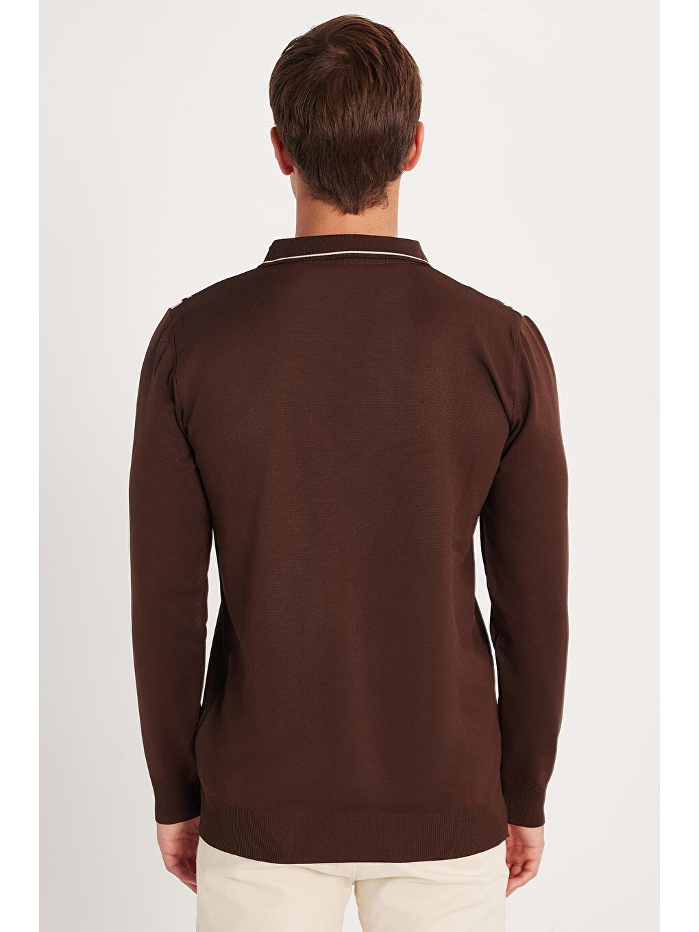 Erkek Slim Fit Dar Kesim Uzun Kol Polo Yaka Çizgili Kahverengi Kazak-4