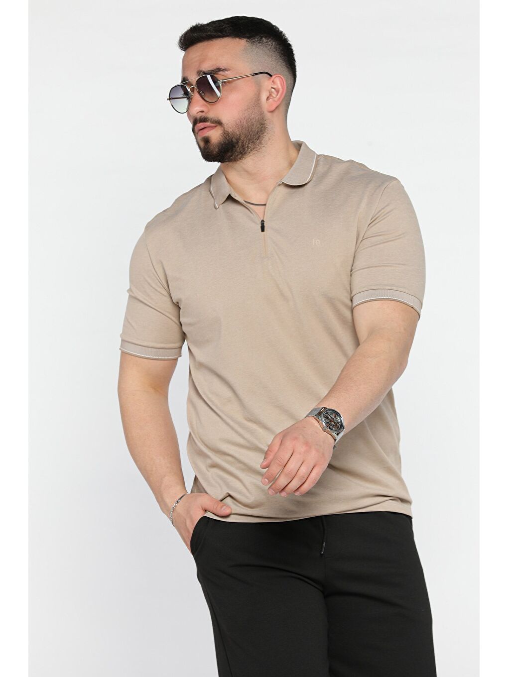 Bej Yarım Fermuarlı Polo Yaka Erkek Tişört-1