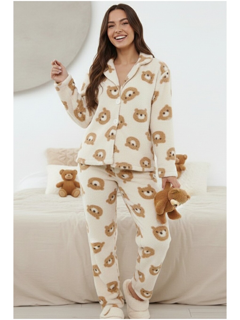 Ekru Düğmeli Wellsoft Pijama Takım 7922-2