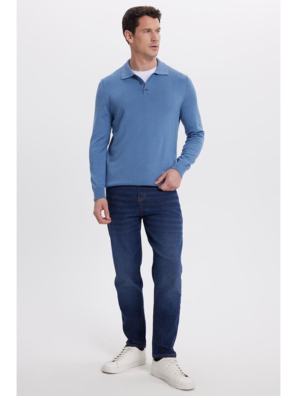 Erkek Standart Fit Normal Kesim Pamuklu Polo Yaka İndigo Kazak-3