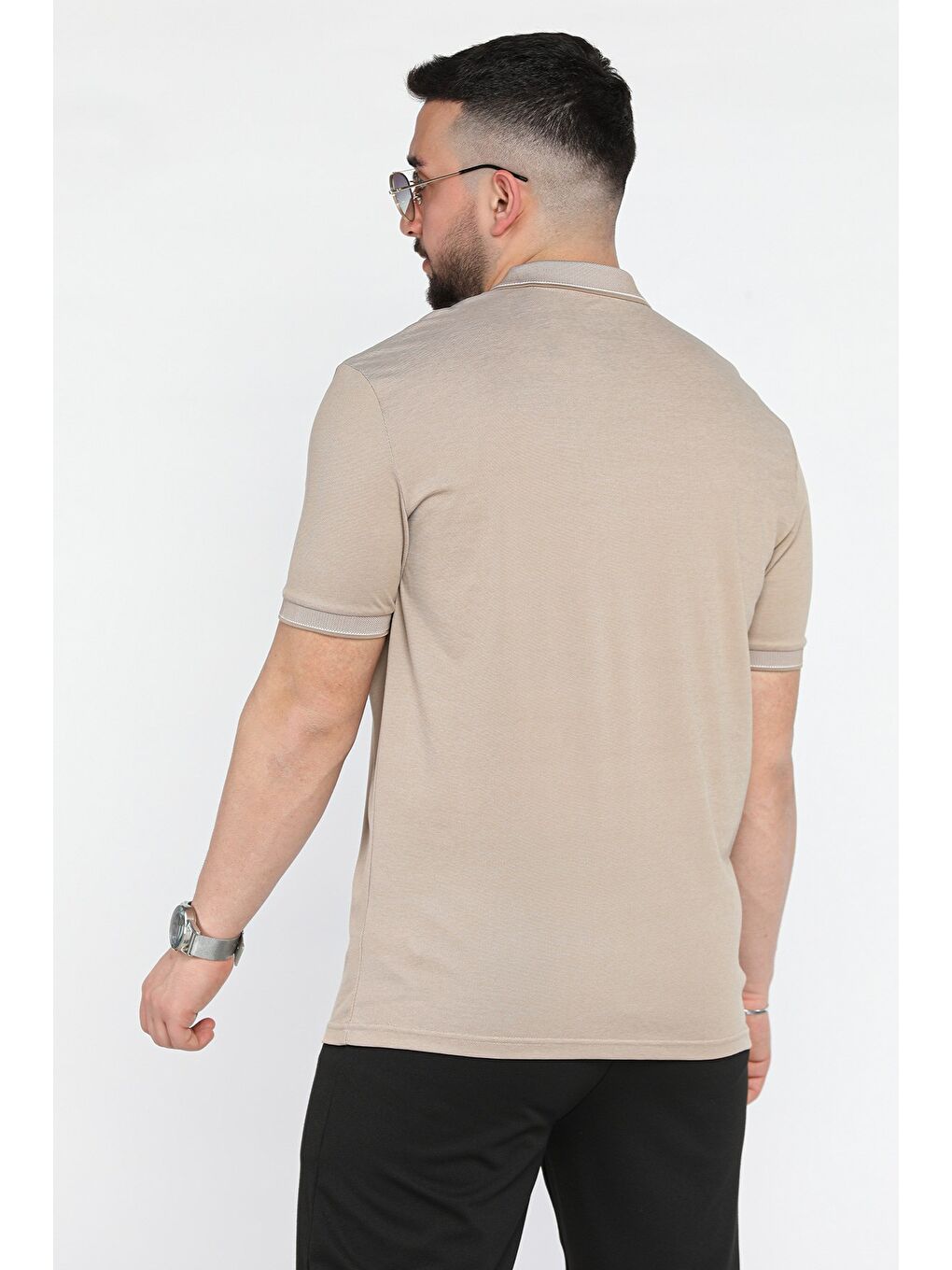 Bej Yarım Fermuarlı Polo Yaka Erkek Tişört-2