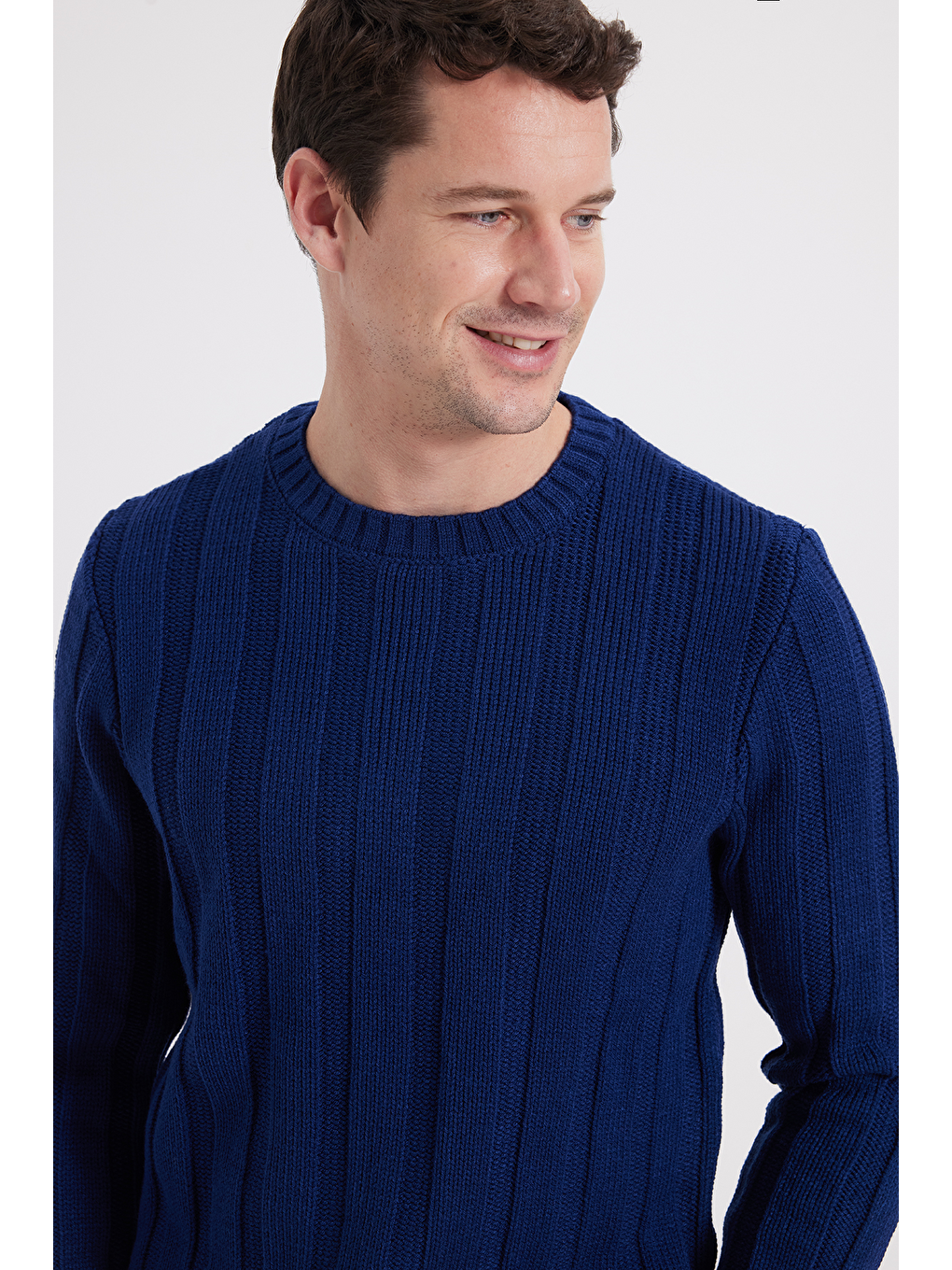 Erkek Standart Fit Normal Kesim Bisiklet Yaka Desenli Saks Mavi Kazak-6