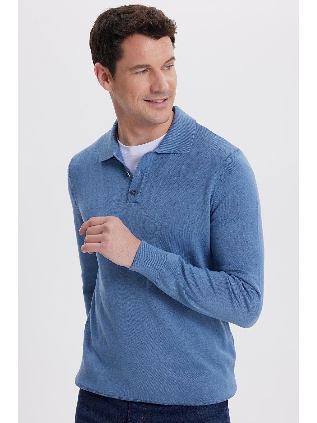 Erkek Standart Fit Normal Kesim Pamuklu Polo Yaka İndigo Kazak-4