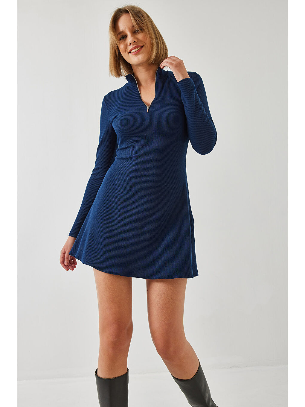 Lacivert Kadın Fermuarlı Fitilli Ottoman Kumaş Elbise-1