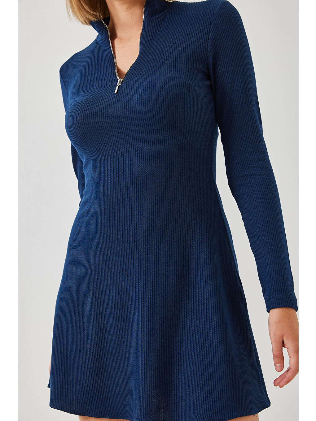 Lacivert Kadın Fermuarlı Fitilli Ottoman Kumaş Elbise-2