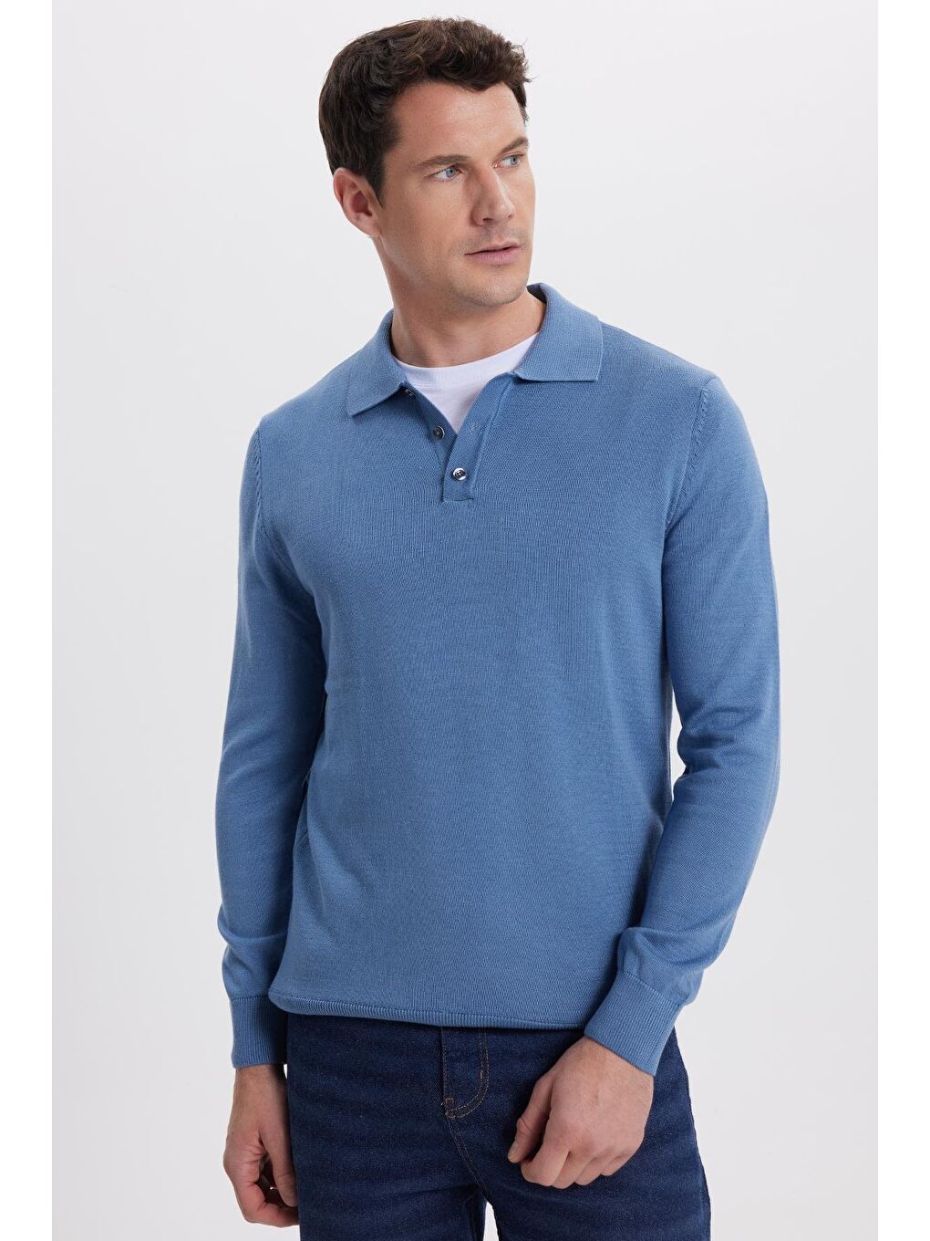 Erkek Standart Fit Normal Kesim Pamuklu Polo Yaka İndigo Kazak-5