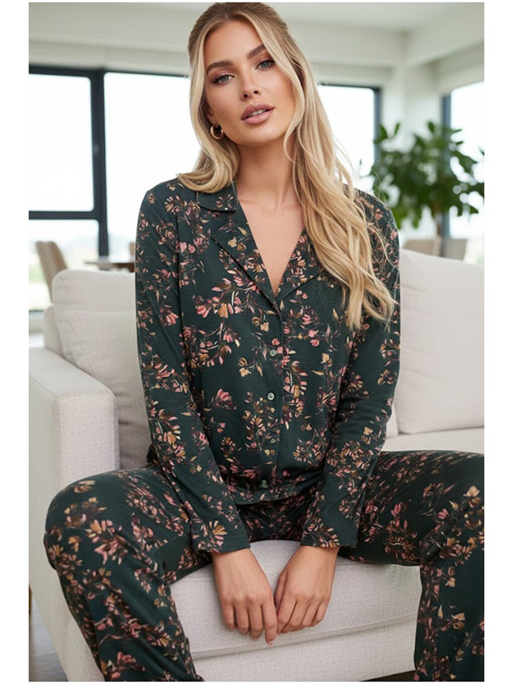 Yeşil Uzun Kollu Düğmeli Biyeli Pijama Takım 7926