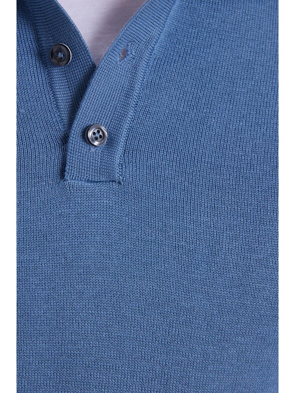 Erkek Standart Fit Normal Kesim Pamuklu Polo Yaka İndigo Kazak-6