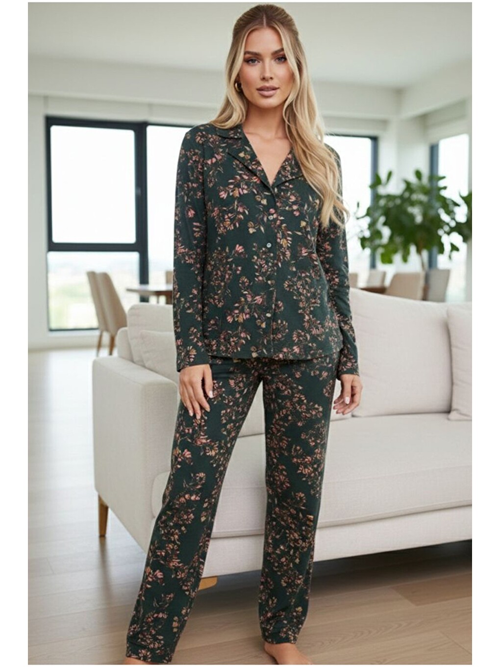 Yeşil Uzun Kollu Düğmeli Biyeli Pijama Takım 7926-1