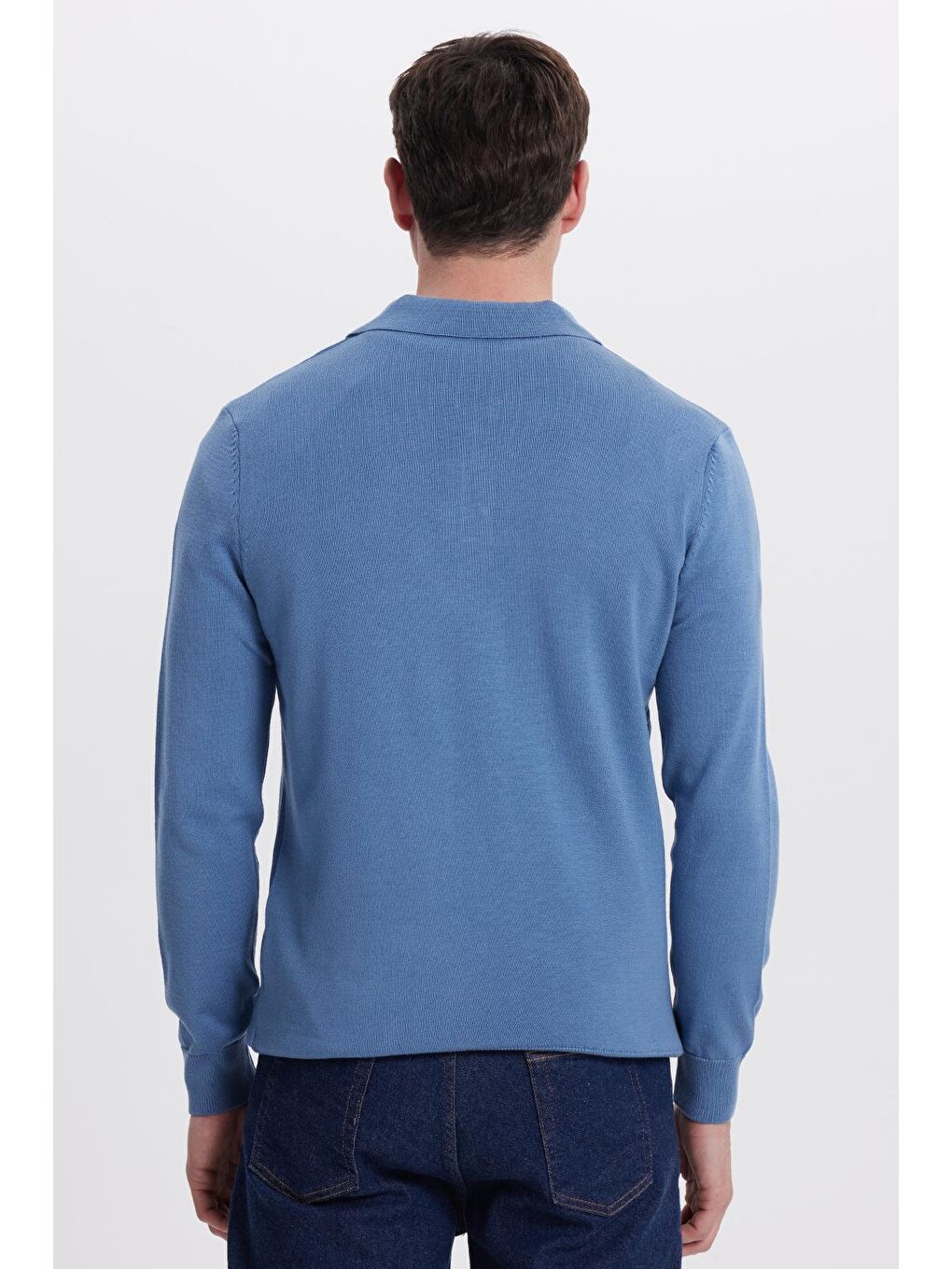 Erkek Standart Fit Normal Kesim Pamuklu Polo Yaka İndigo Kazak-7