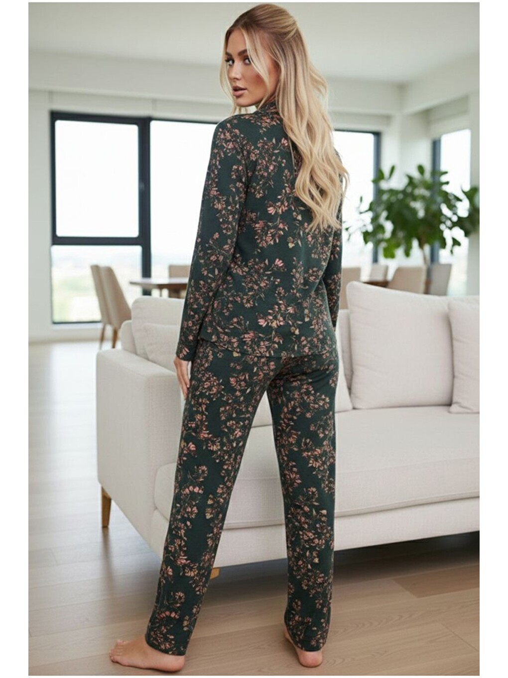Yeşil Uzun Kollu Düğmeli Biyeli Pijama Takım 7926-2