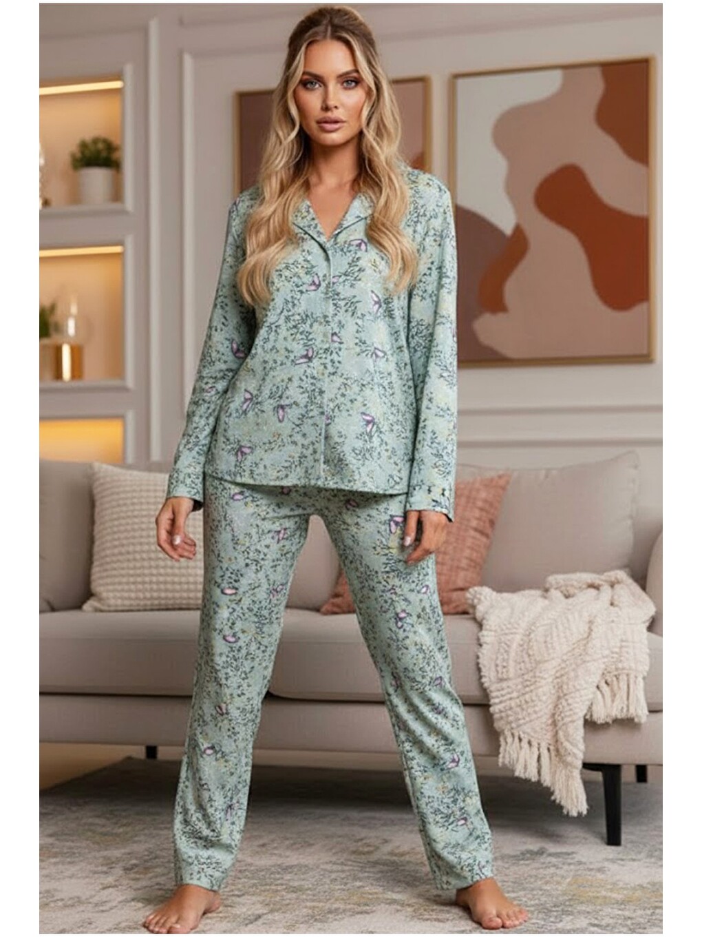 Yeşil Uzun Kollu Düğmeli Biyeli Pijama Takım 7926-1