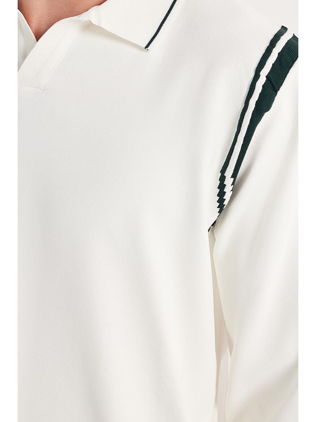 Erkek Slim Fit Dar Kesim Uzun Kol Polo Yaka Çizgili Beyaz Kazak-2