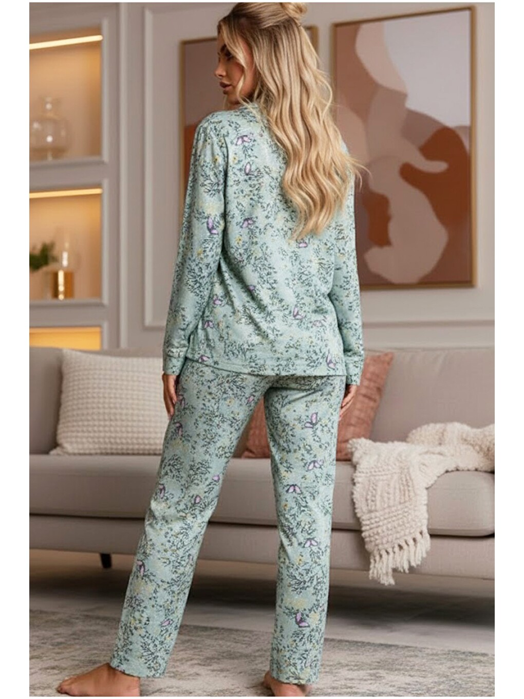 Yeşil Uzun Kollu Düğmeli Biyeli Pijama Takım 7926-2