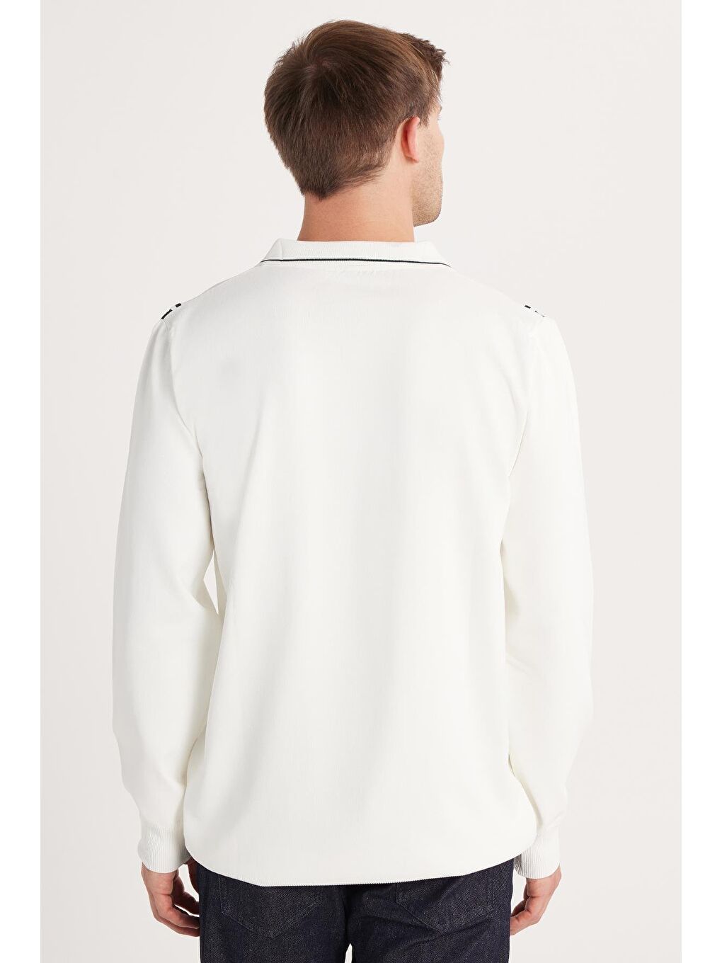 Erkek Slim Fit Dar Kesim Uzun Kol Polo Yaka Çizgili Beyaz Kazak-4