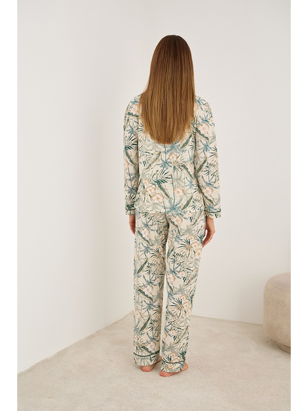 Karışık Uzun Kollu Düğmeli Biyeli Pijama Takım 7926-1