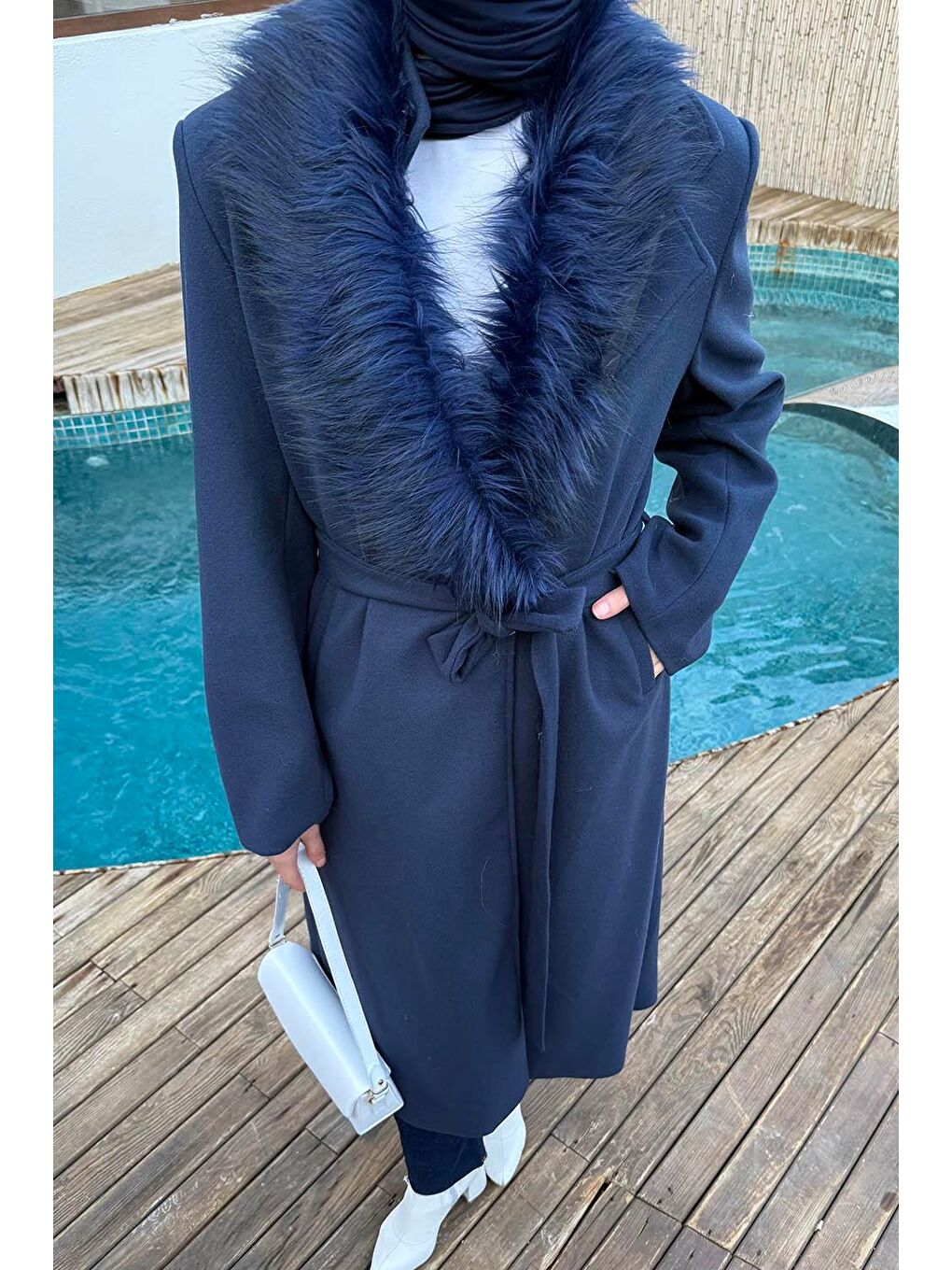 Kürk Yakalı Kaban Lacivert-2