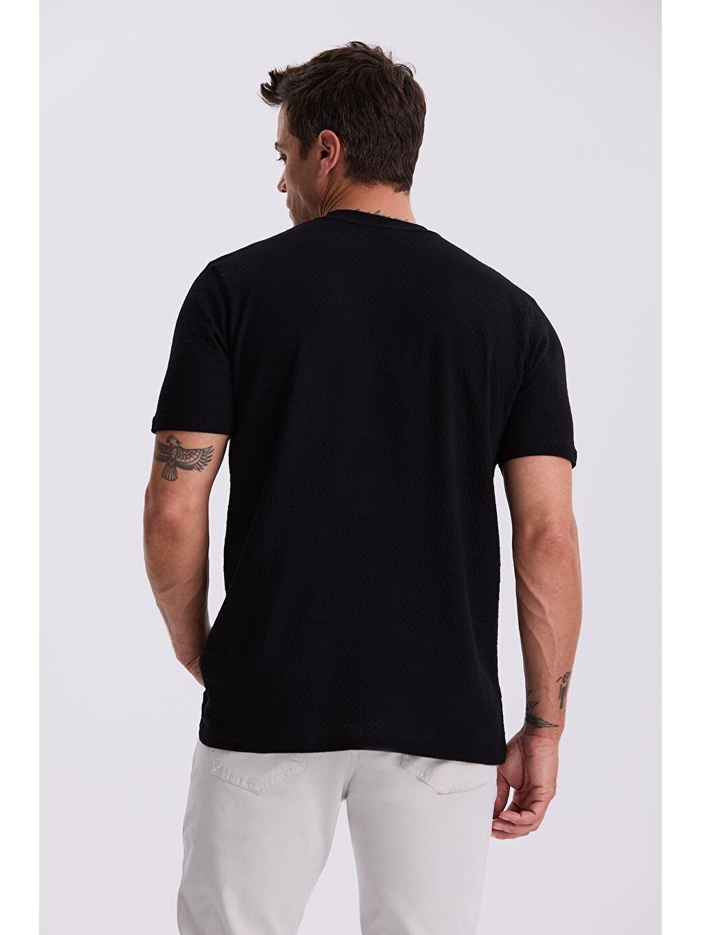 Siyah %100 Pamuk Desenli Bisiklet Yaka T-Shirt-3