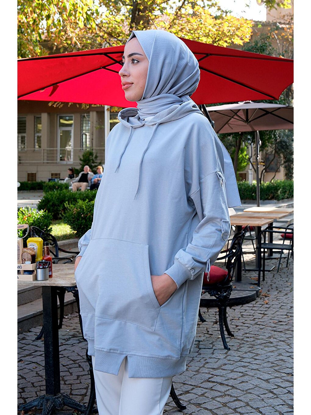 Kapüşonlu Cepli Sweat Gri-4