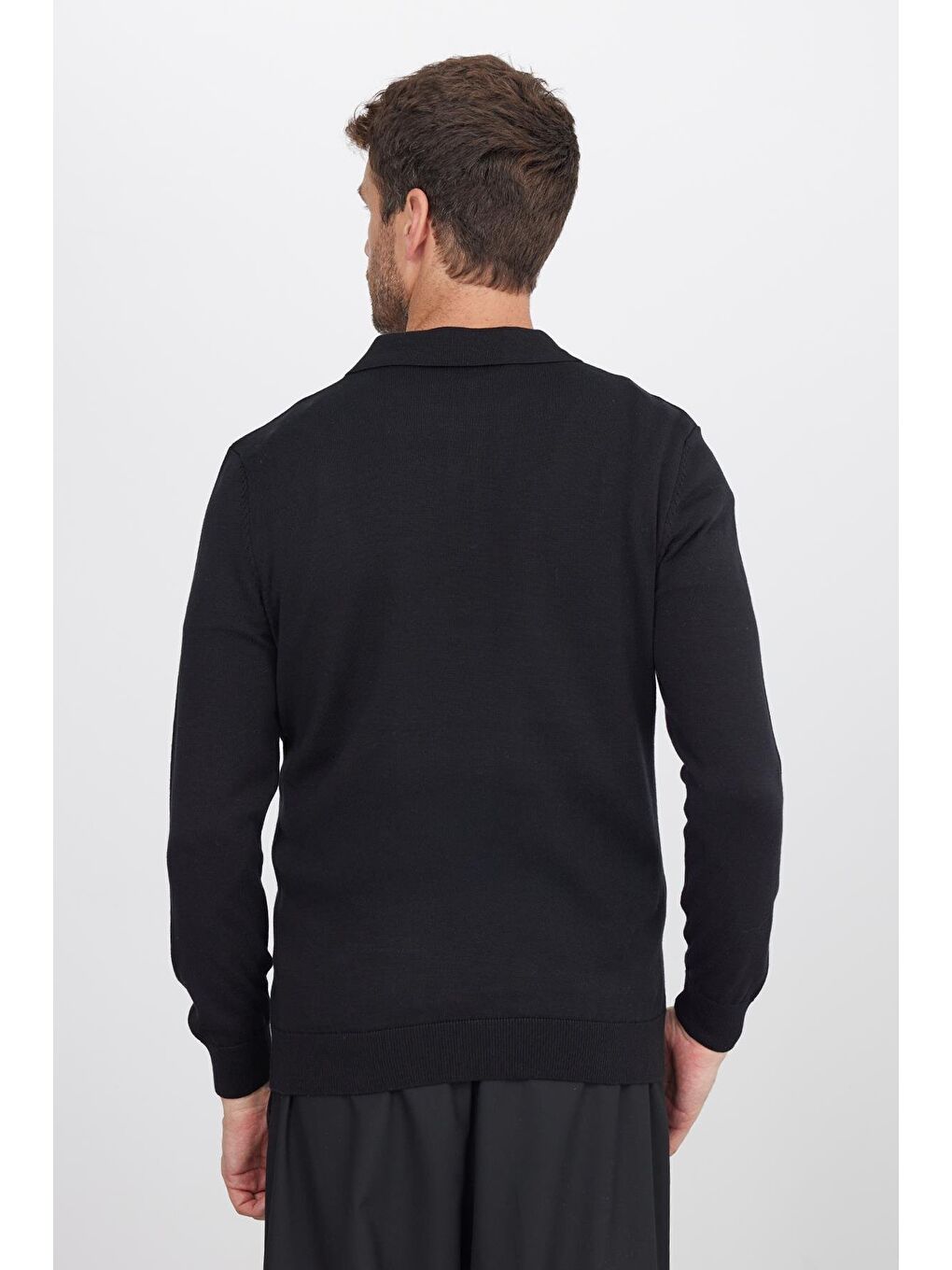 Erkek Standart Fit Normal Kesim Pamuklu Polo Yaka Siyah Kazak-6