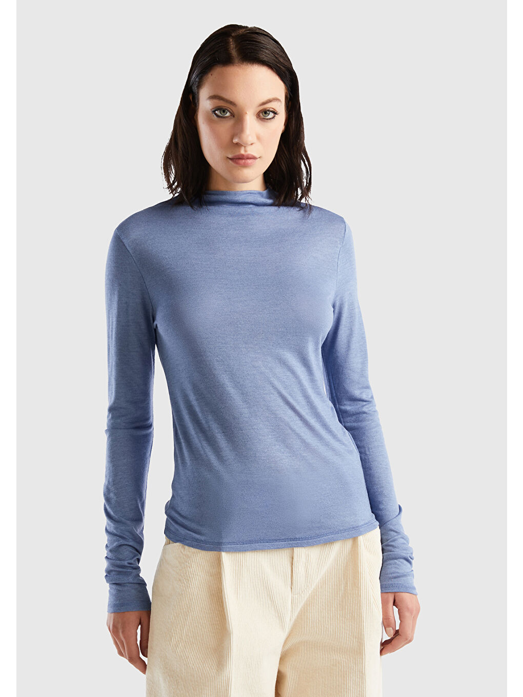 Kadın Havacı Mavi Viskoz/Yün Karışımlı Uzun Kollu Yarım Balıkçı Tişört