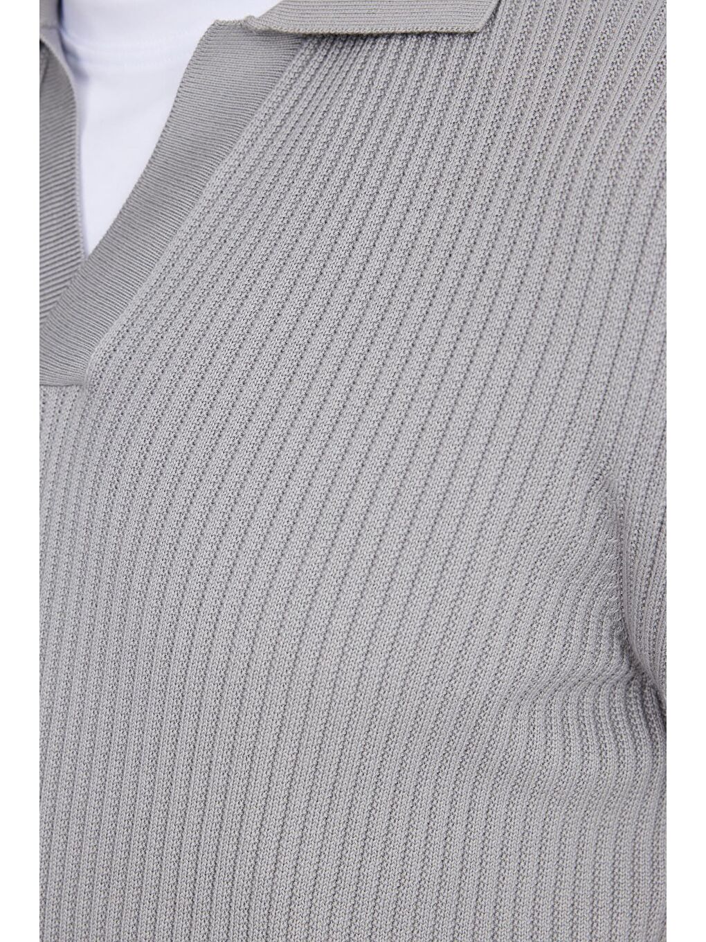 Erkek Standart Fit Normal Kesim Pamuklu Polo V Yaka Gri Kazak-2