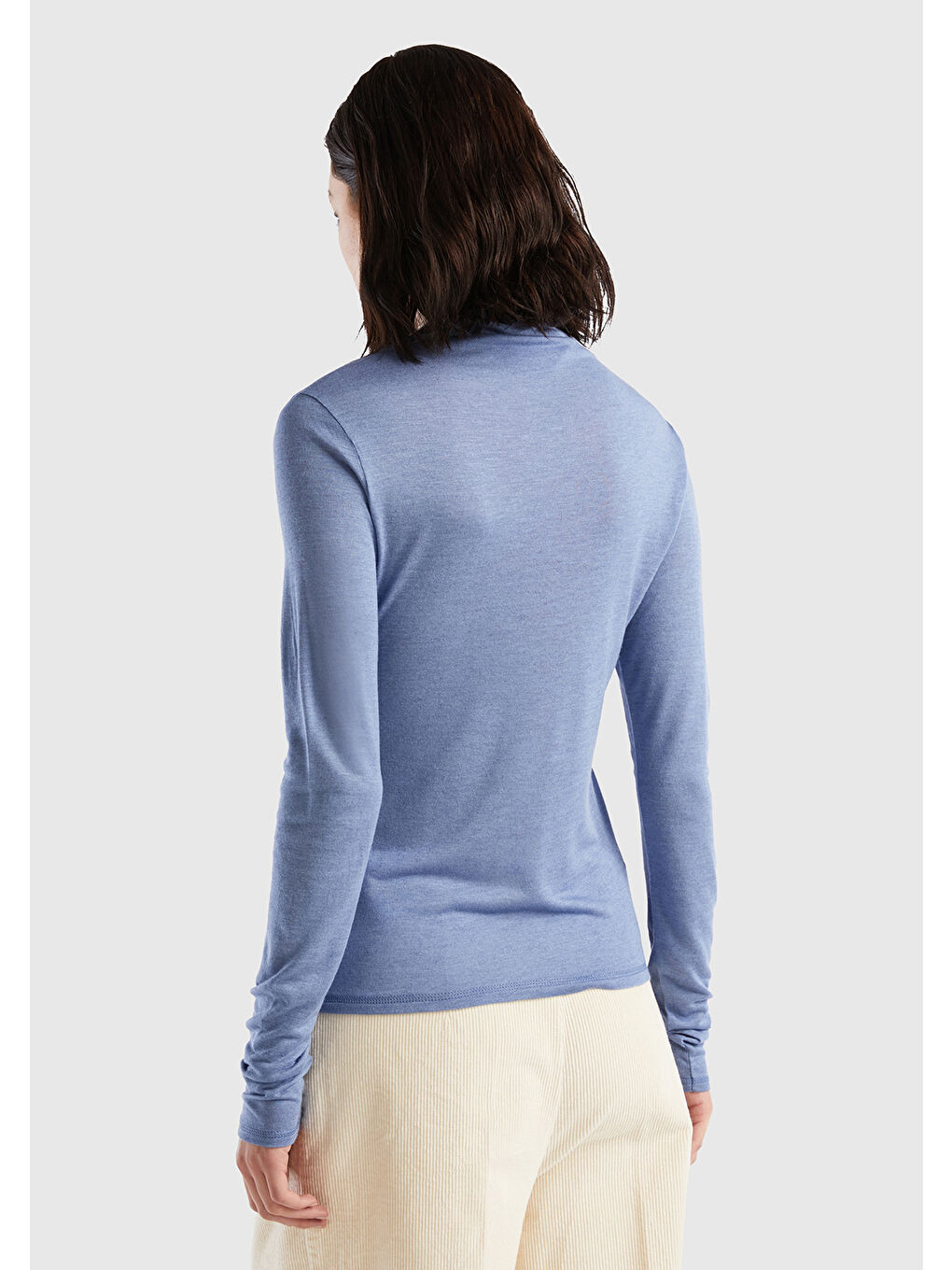 Kadın Havacı Mavi Viskoz/Yün Karışımlı Uzun Kollu Yarım Balıkçı Tişört-2