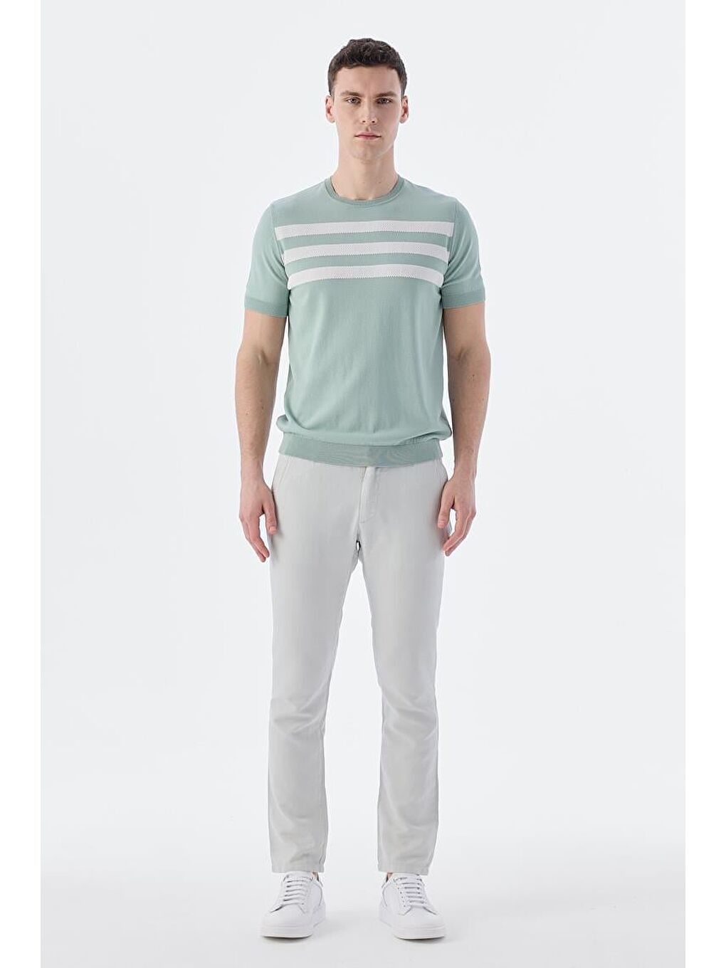 Yeşil Mint Beyaz Slim Fit Bisiklet Yaka Desenli Triko T-Shirt-1