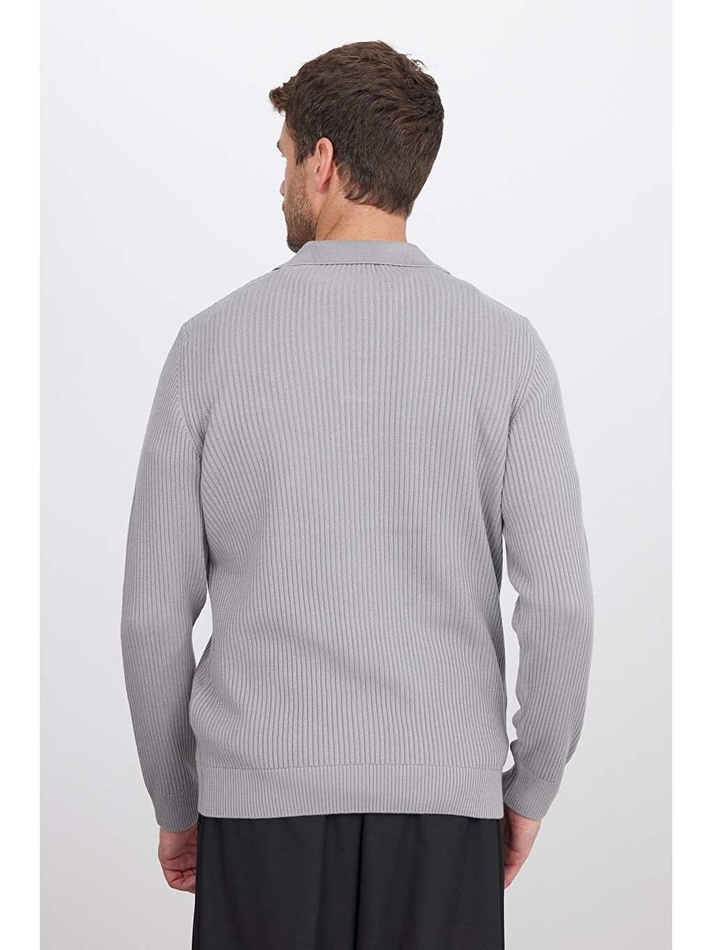 Erkek Standart Fit Normal Kesim Pamuklu Polo V Yaka Gri Kazak-6