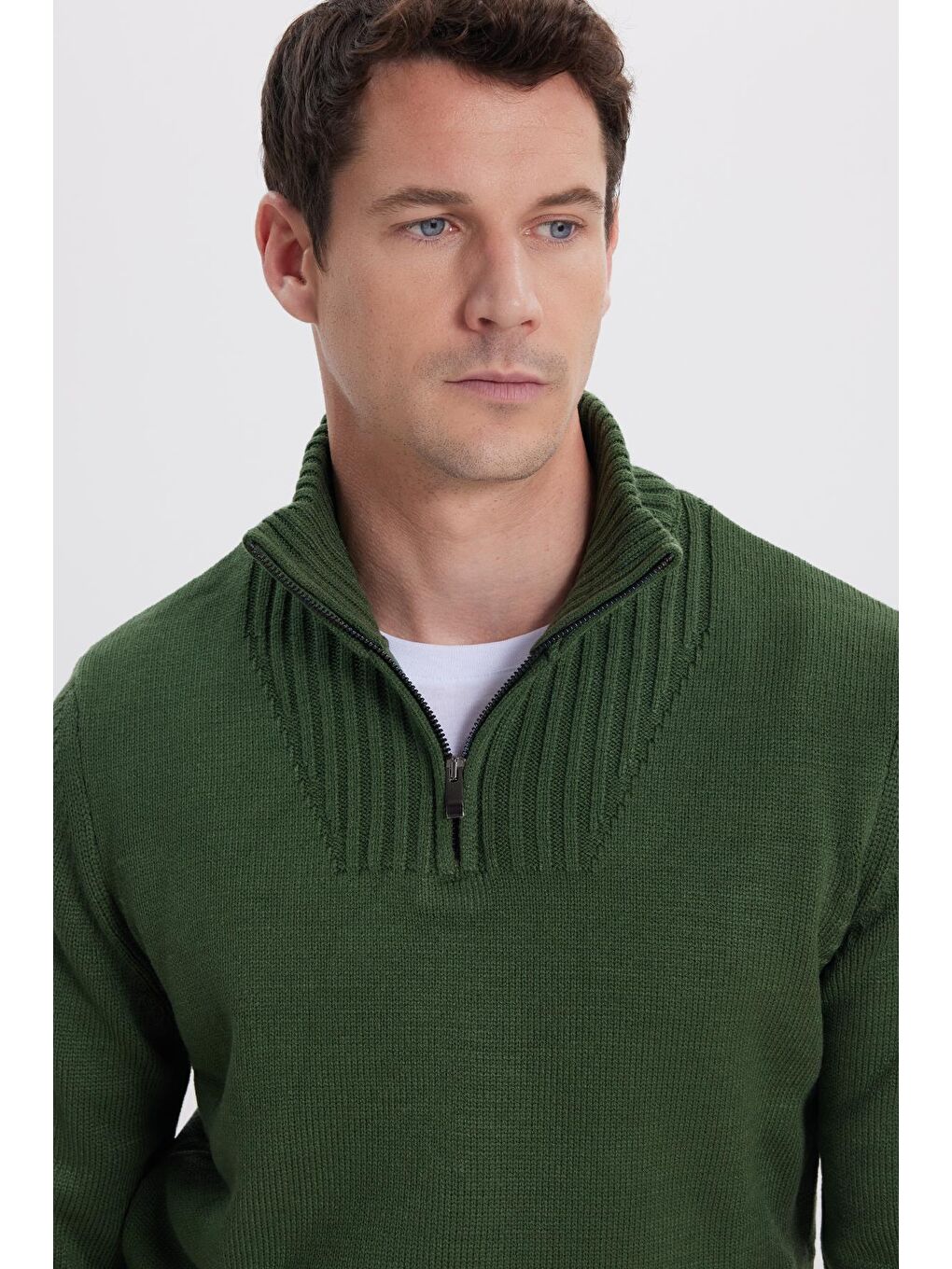 Erkek Slim Fit Dar Kesim Armürlü Fermuarlı Yeşil Dik Yaka Kazak-1