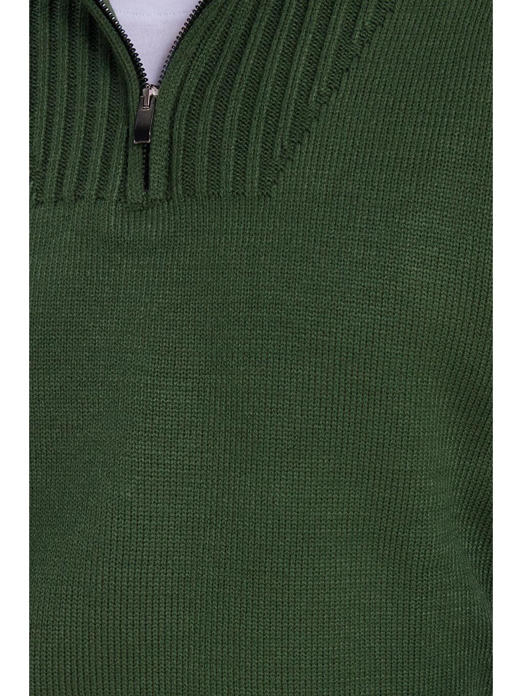 Erkek Slim Fit Dar Kesim Armürlü Fermuarlı Yeşil Dik Yaka Kazak-2