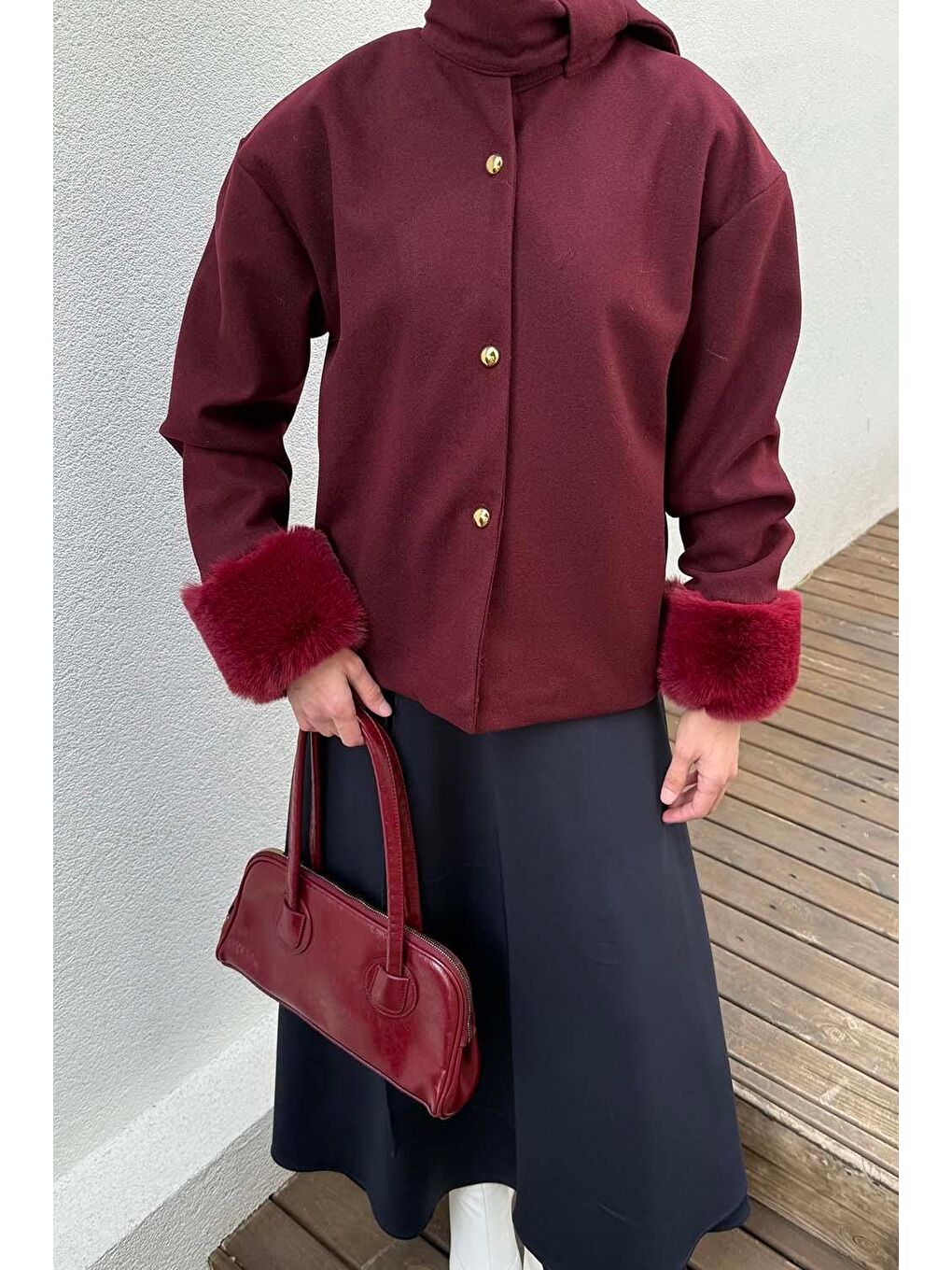 Kol Kürk Detaylı Kaban Bordo-2