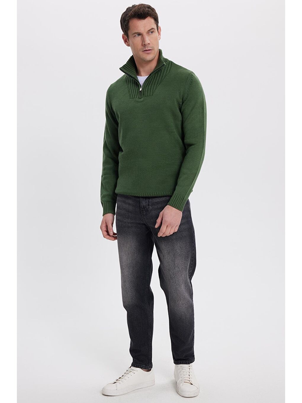 Erkek Slim Fit Dar Kesim Armürlü Fermuarlı Yeşil Dik Yaka Kazak-3