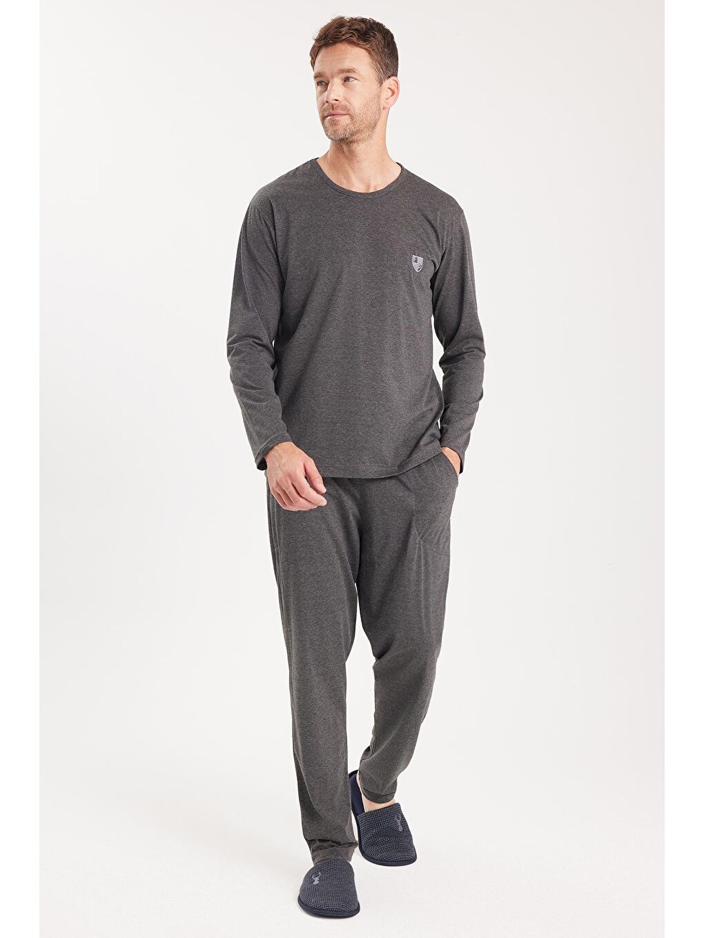 Erkek Standart Fit %100 Pamuk Bisiklet Yaka Beli Lastikli Antrasit Pijama Takımı-3