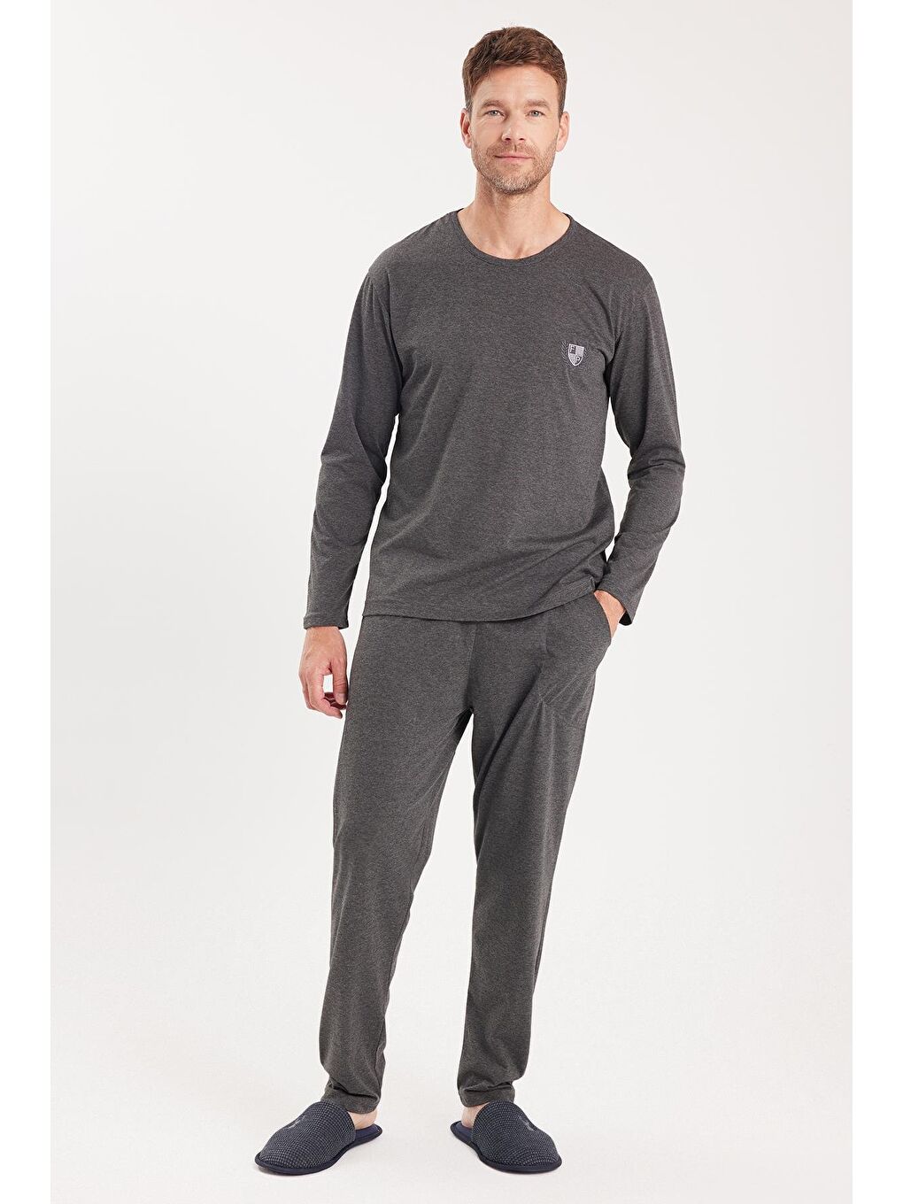 Erkek Standart Fit %100 Pamuk Bisiklet Yaka Beli Lastikli Antrasit Pijama Takımı-4