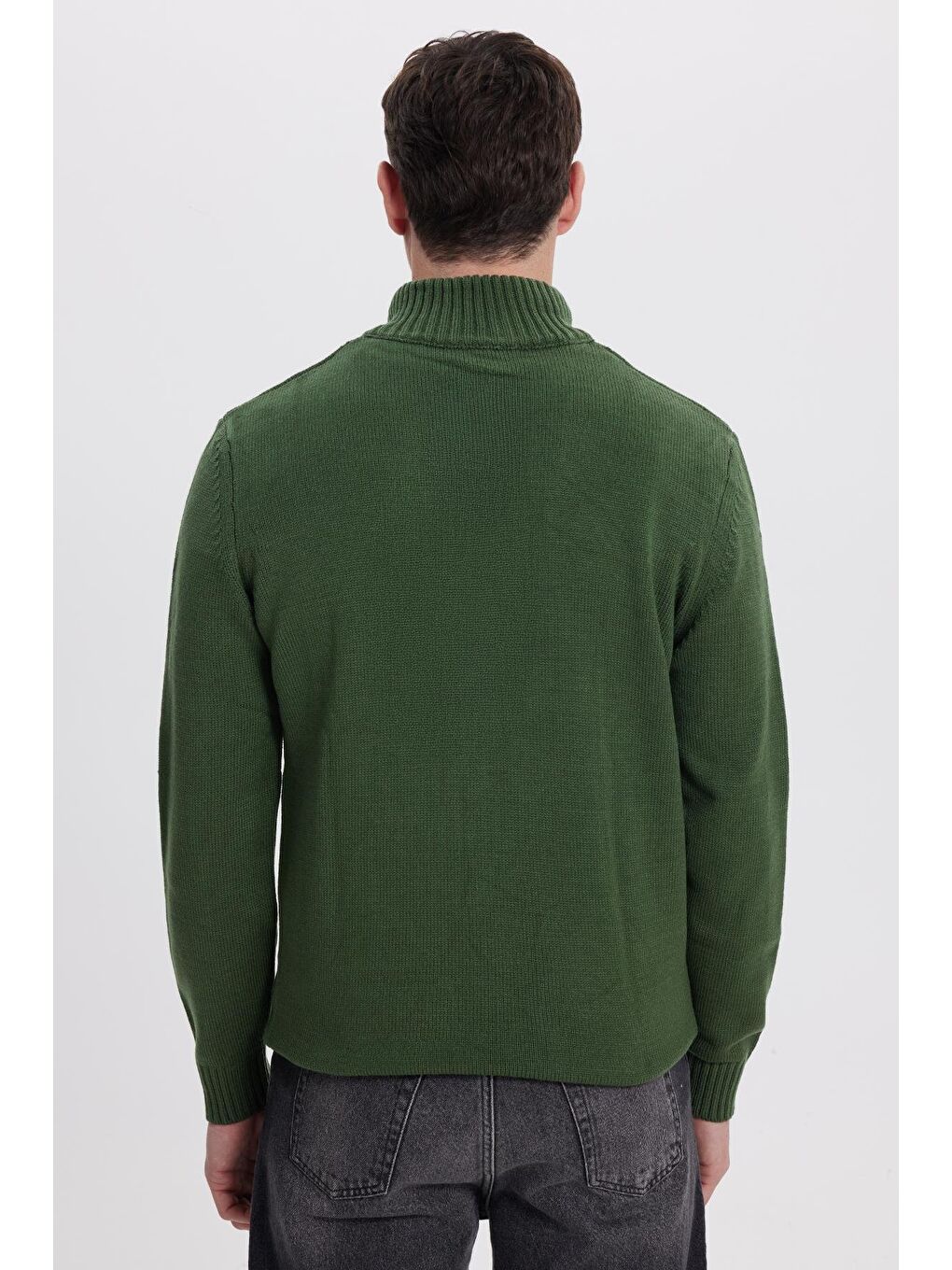 Erkek Slim Fit Dar Kesim Armürlü Fermuarlı Yeşil Dik Yaka Kazak-6