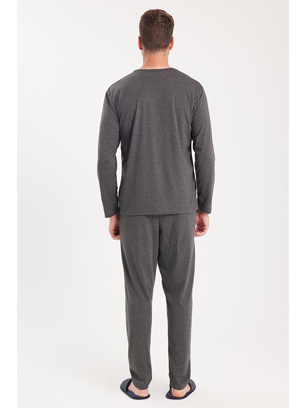 Erkek Standart Fit %100 Pamuk Bisiklet Yaka Beli Lastikli Antrasit Pijama Takımı-6