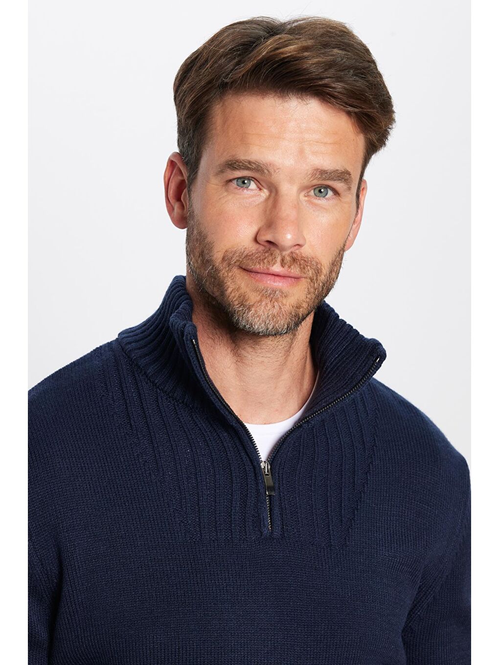 Karışık Erkek 3'Lü Paket Taş-Açık Gri-Lacivert Slim Fit Dar Kesim Fermuarlı Dik Yaka Triko Kazak-3