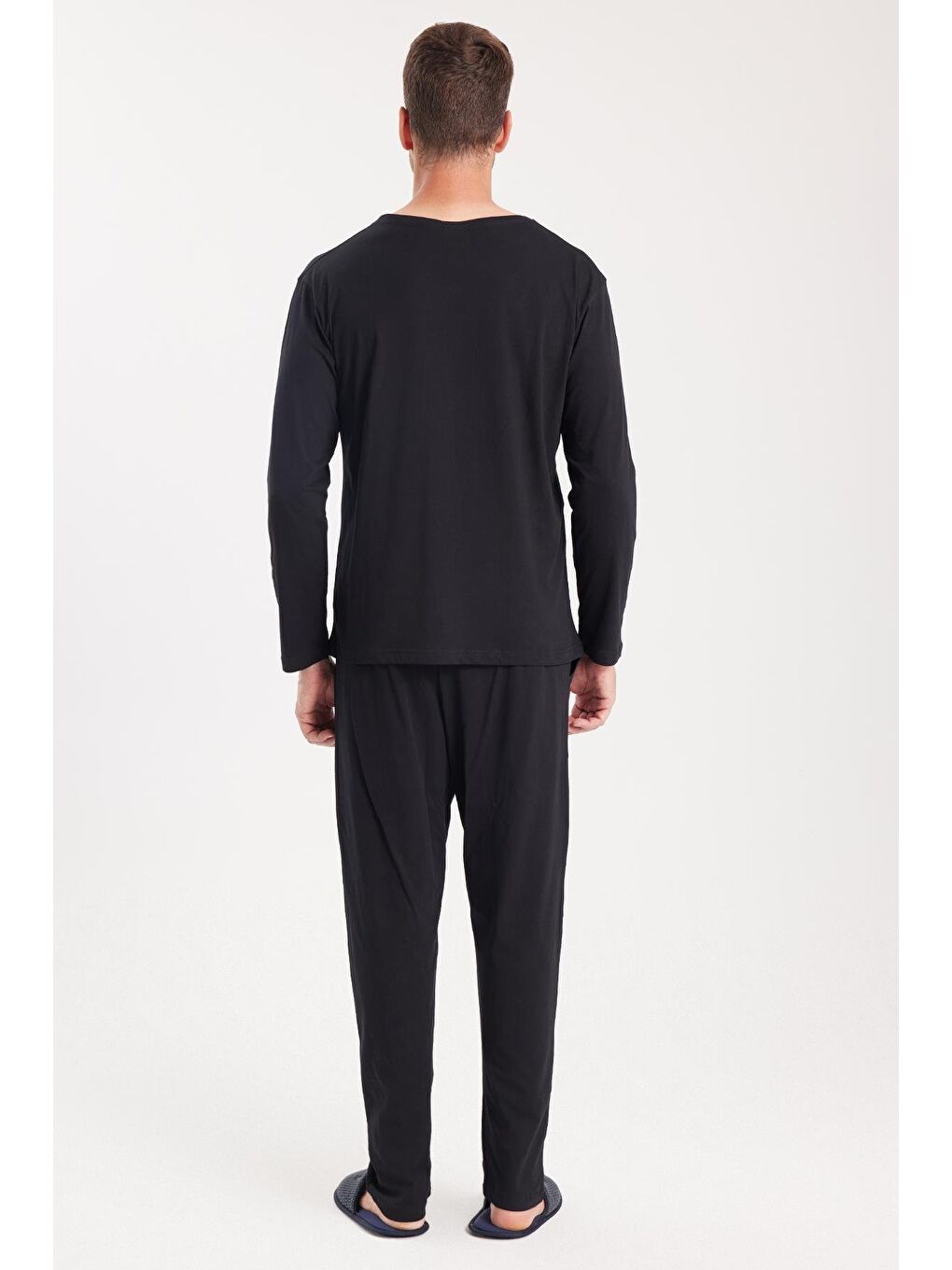 Erkek Standart Fit %100 Pamuk V Yaka Beli Lastikli Siyah Pijama Takımı-6