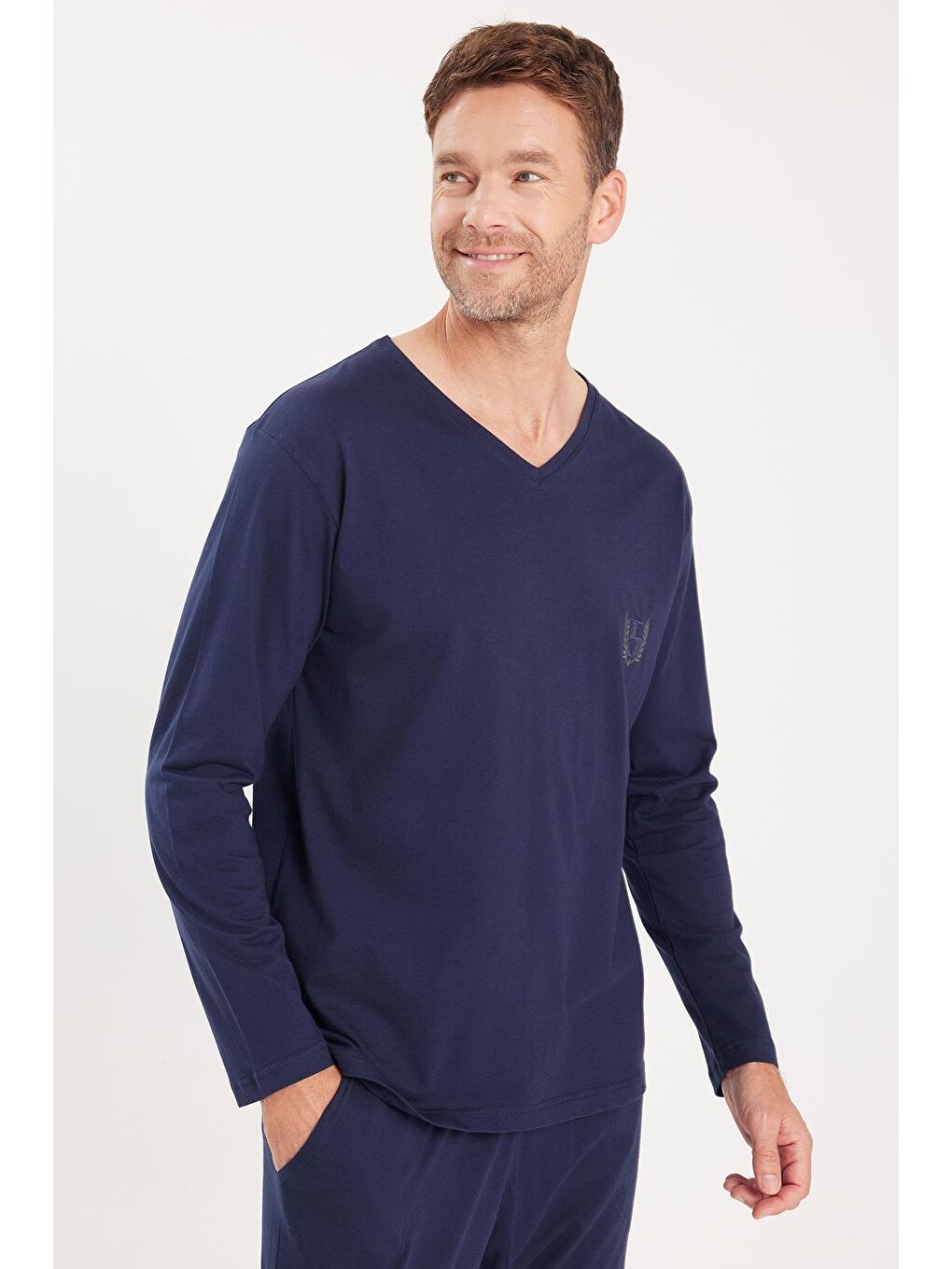 Erkek Standart Fit %100 Pamuk V Yaka Beli Lastikli Lacivert Pijama Takımı-1