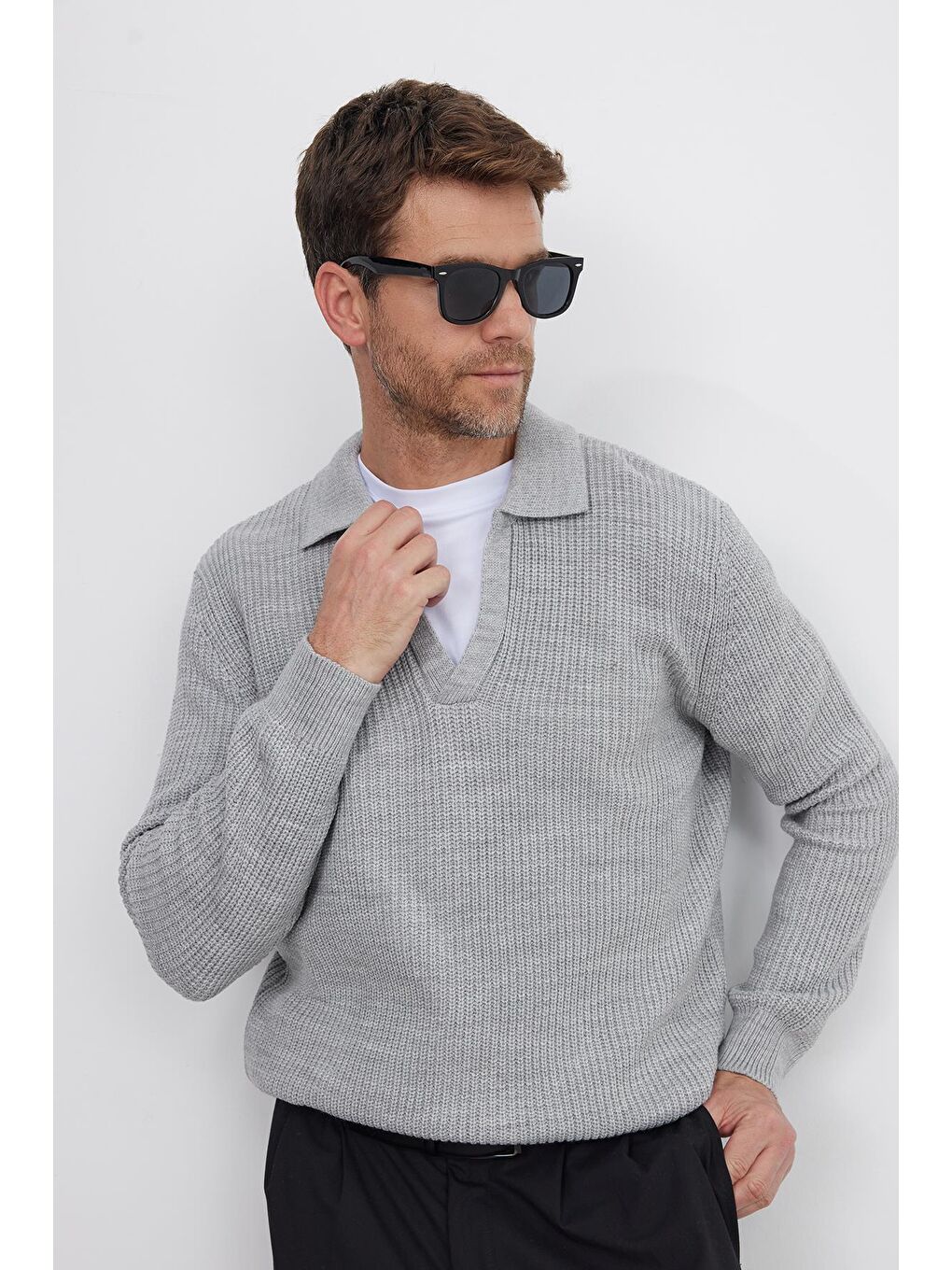 Erkek Slim Fit Dar Kesim Polo Yaka Gri Kazak