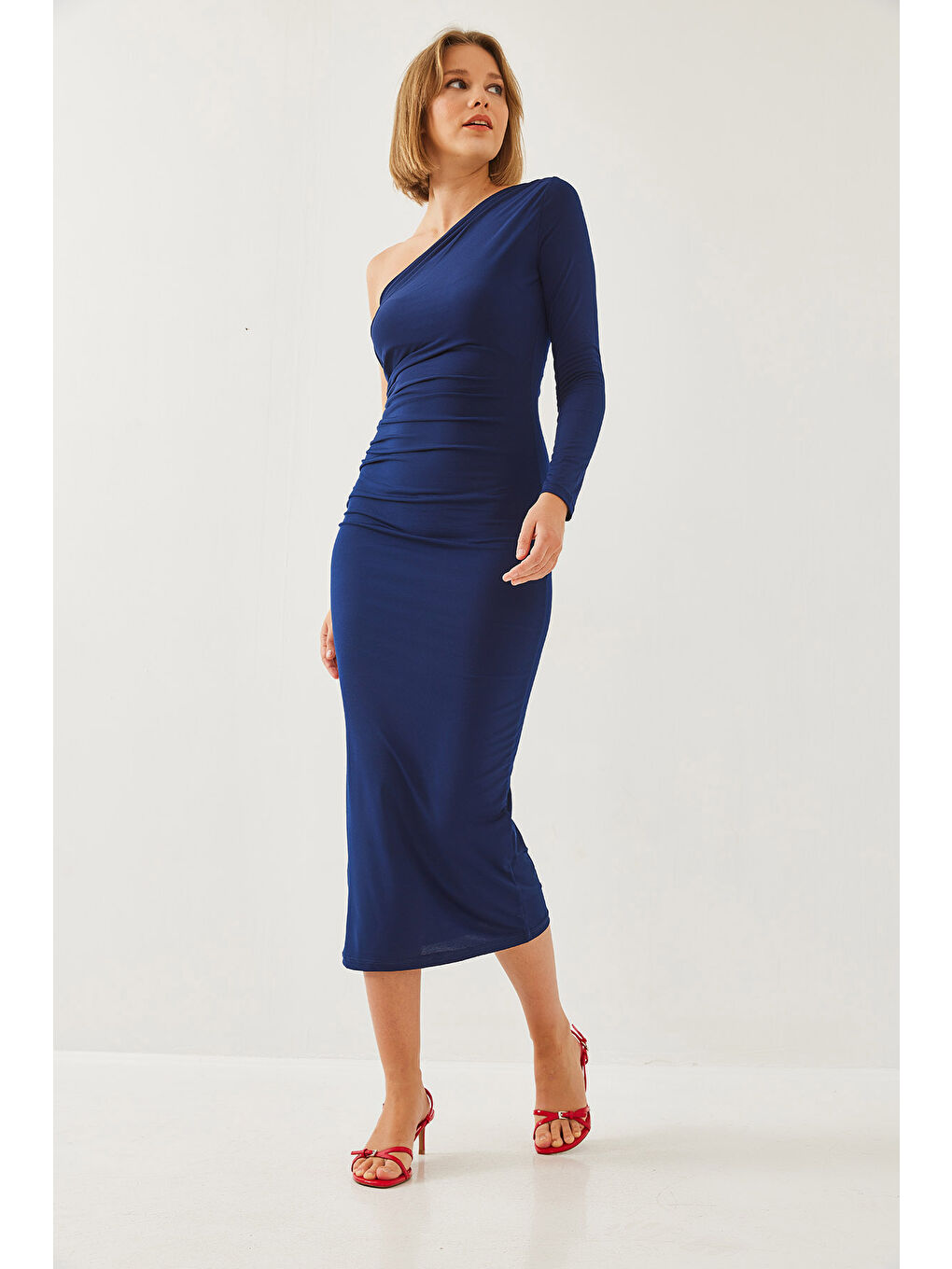 Lacivert Kadın Tek Omuz ve Büzgülü Uzun Elbise-1